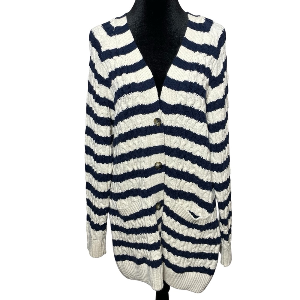 Zara Cardigan Striped button front sweater navy cream